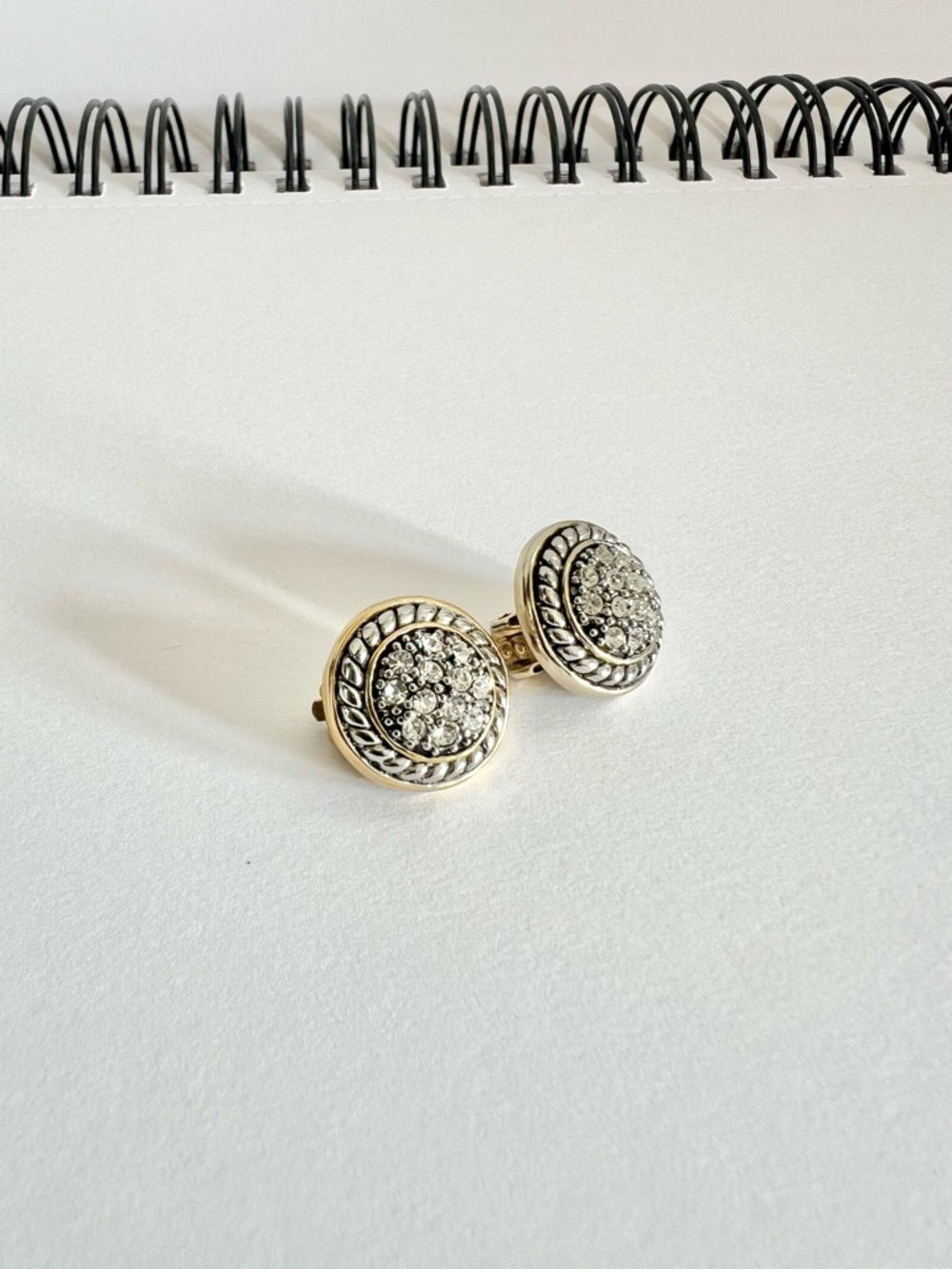 Gold Tone Rhinestone Clip On Earrings Round Two Tone Vintage Style